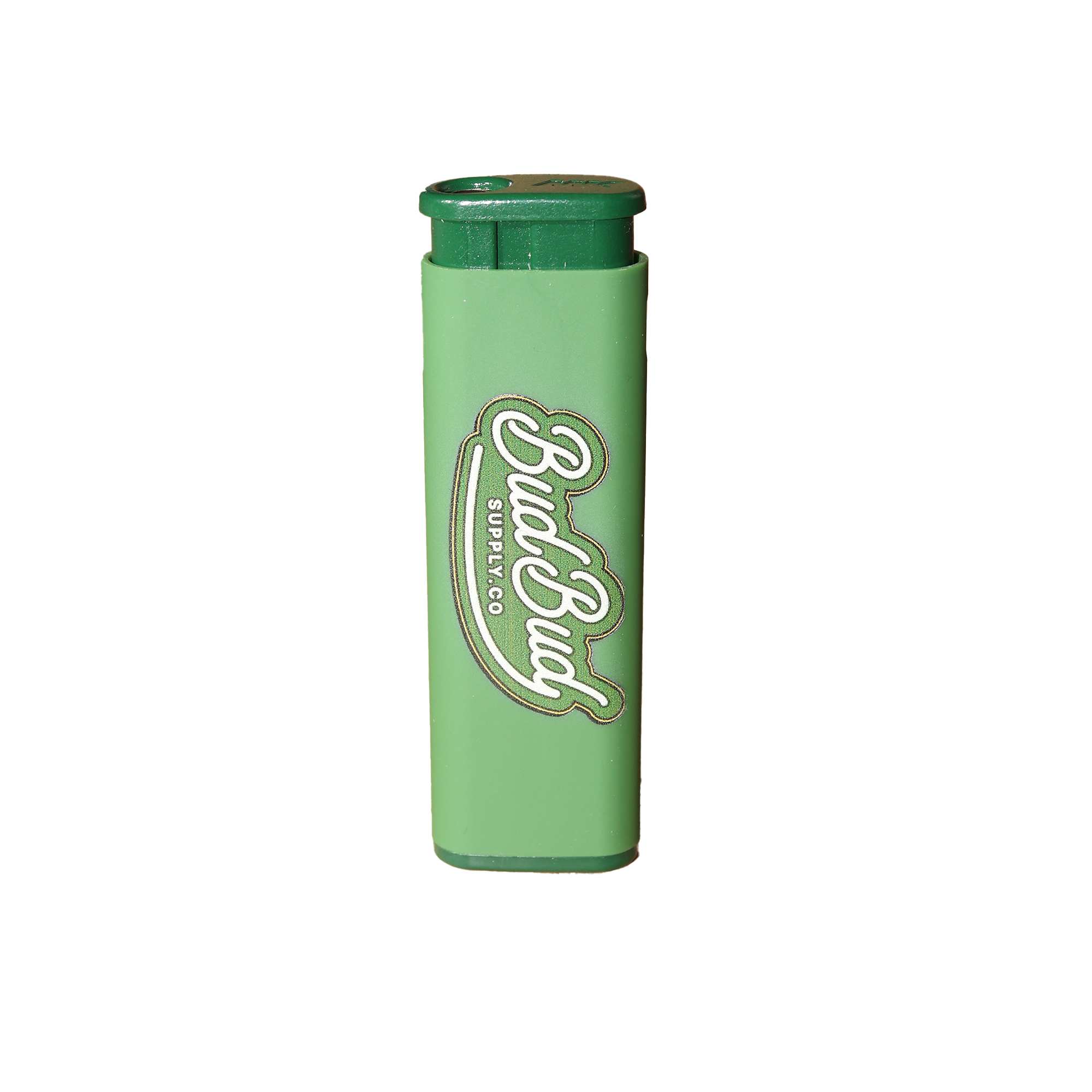 Green lighter with 'BudBud branding on a white background