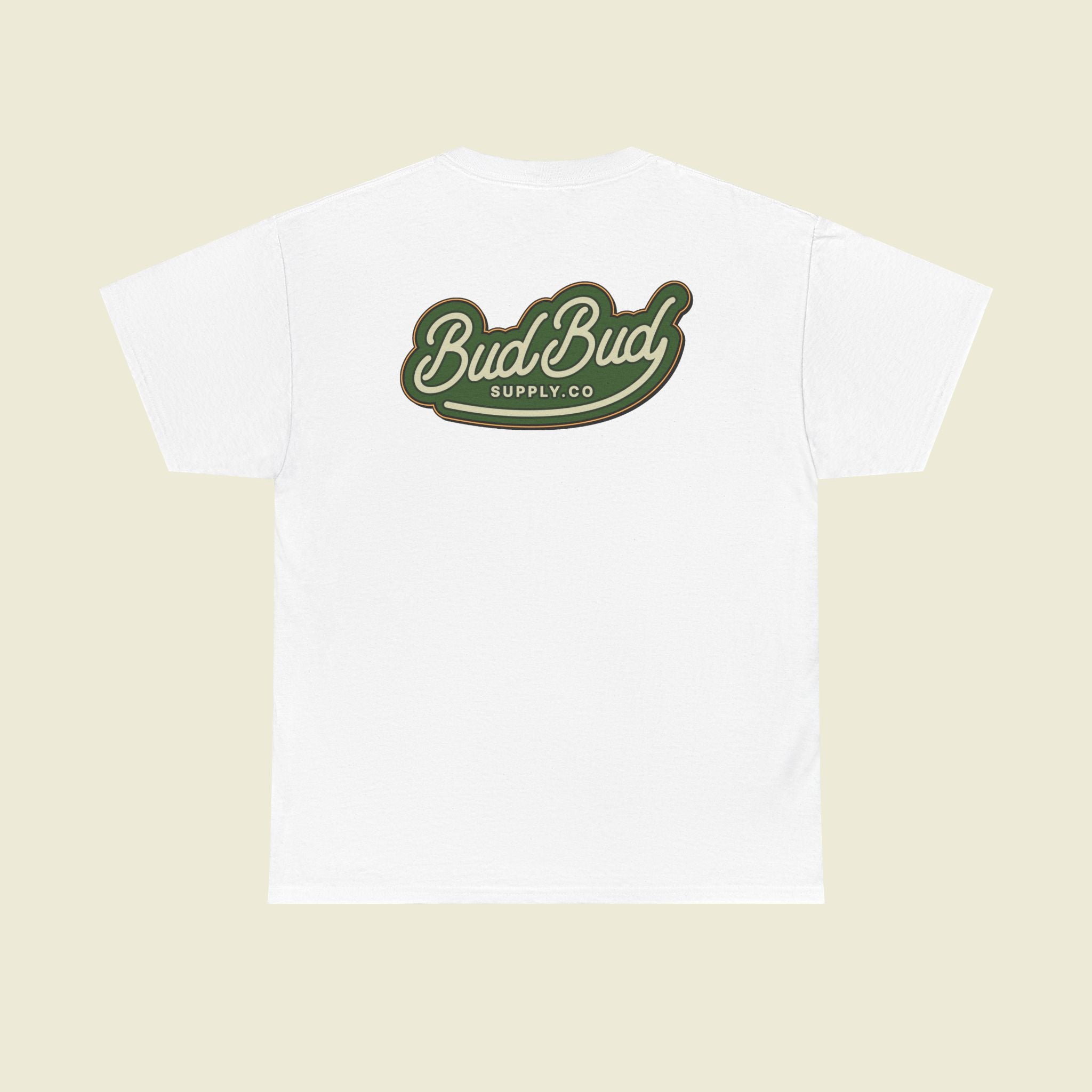 Bud Bud Supply Co. Logo Tee — Retro Green Script Chest & Back Shirt